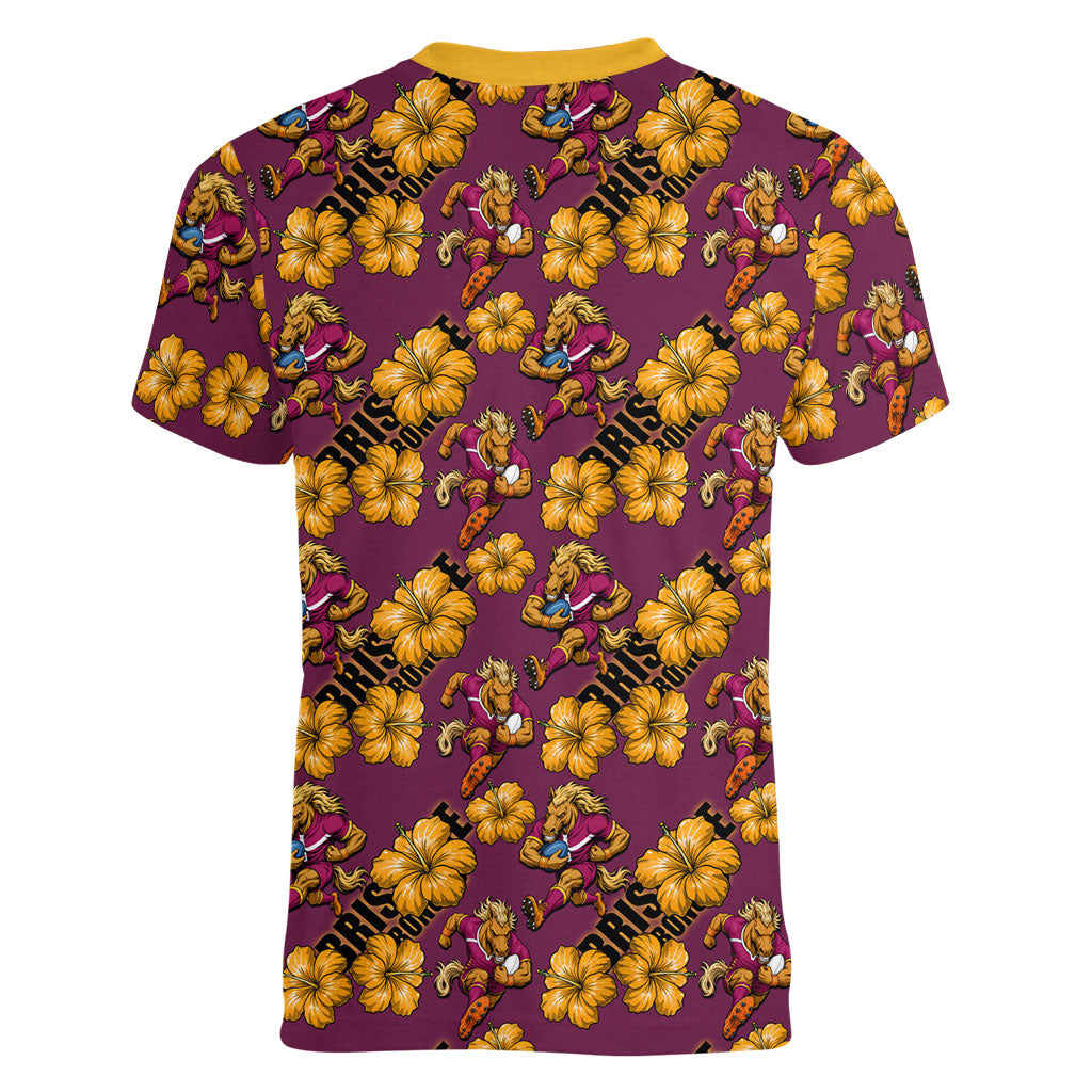 Brisbane Broncos Mascot Women V-Neck T-Shirt Tropical Hibiscus Floral Seamless Rugby Mascot