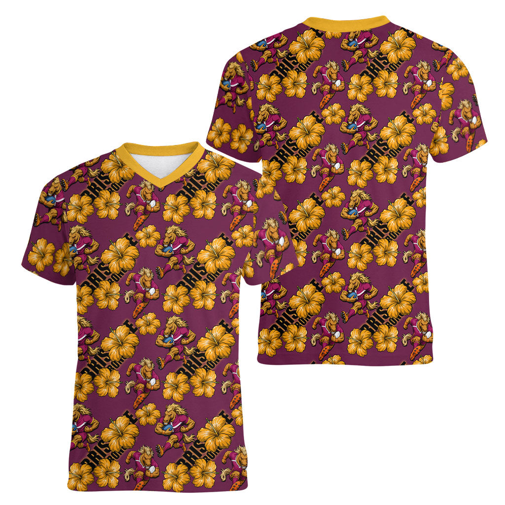Brisbane Broncos Mascot Women V-Neck T-Shirt Tropical Hibiscus Floral Seamless Rugby Mascot