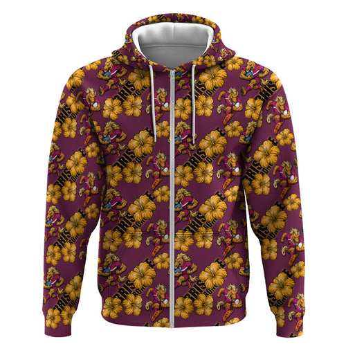 Brisbane Broncos Mascot Zip Hoodie Tropical Hibiscus Floral Seamless Rugby Mascot