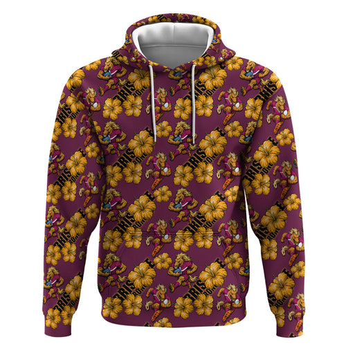 Brisbane Broncos Mascot Zip Hoodie Tropical Hibiscus Floral Seamless Rugby Mascot