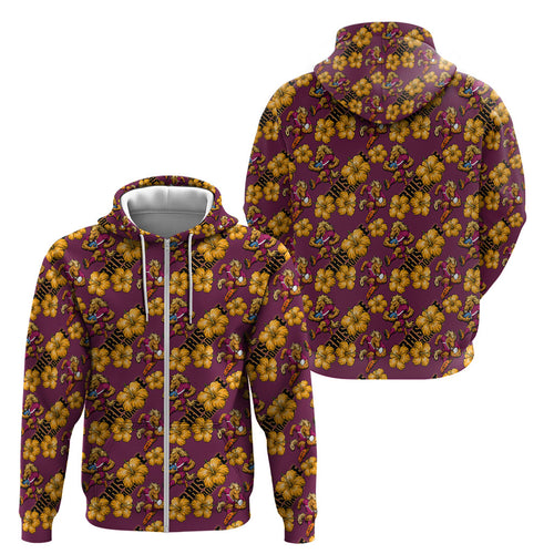 Brisbane Broncos Mascot Zip Hoodie Tropical Hibiscus Floral Seamless Rugby Mascot