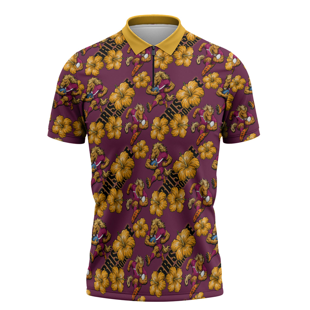 Brisbane Broncos Mascot Zipper Polo Shirt Tropical Hibiscus Floral Seamless Rugby Mascot