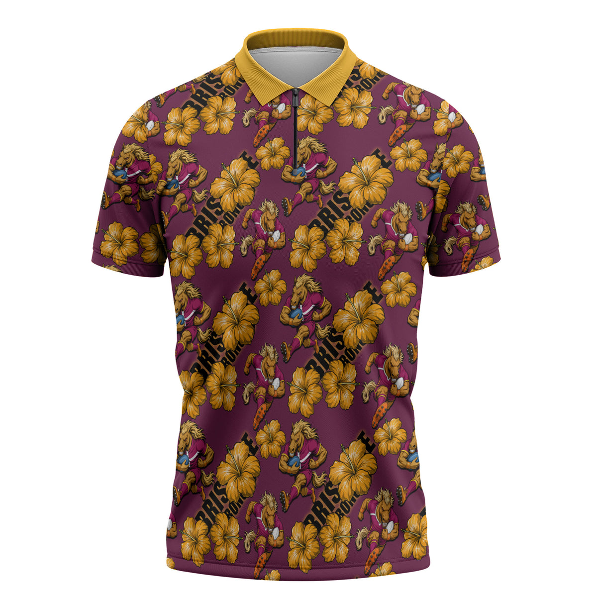 Brisbane Broncos Mascot Zipper Polo Shirt Tropical Hibiscus Floral Seamless Rugby Mascot