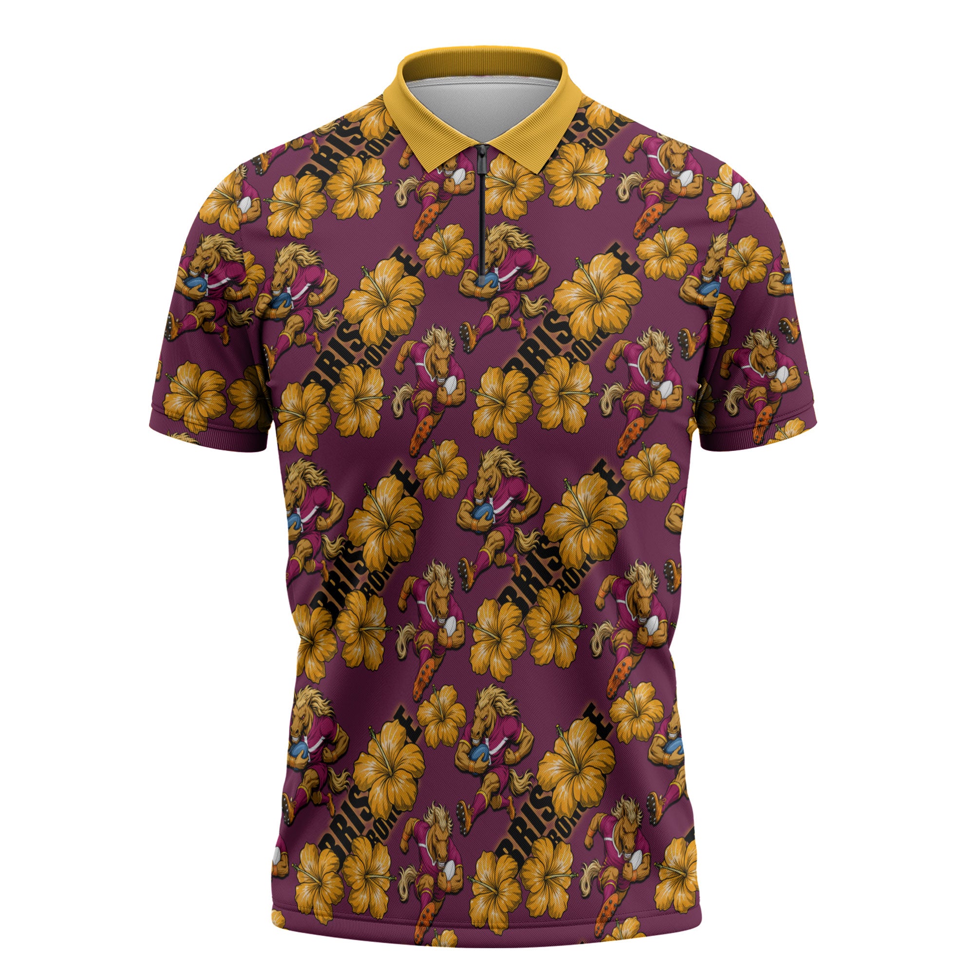 Brisbane Broncos Mascot Zipper Polo Shirt Tropical Hibiscus Floral Seamless Rugby Mascot