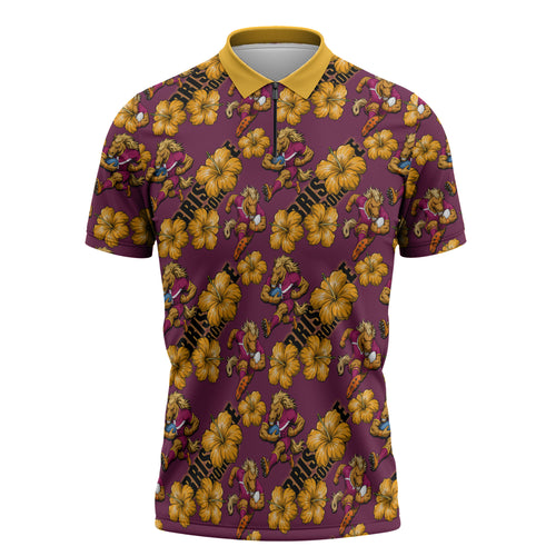Brisbane Broncos Mascot Zipper Polo Shirt Tropical Hibiscus Floral Seamless Rugby Mascot