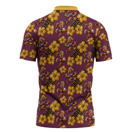 Brisbane Broncos Mascot Zipper Polo Shirt Tropical Hibiscus Floral Seamless Rugby Mascot
