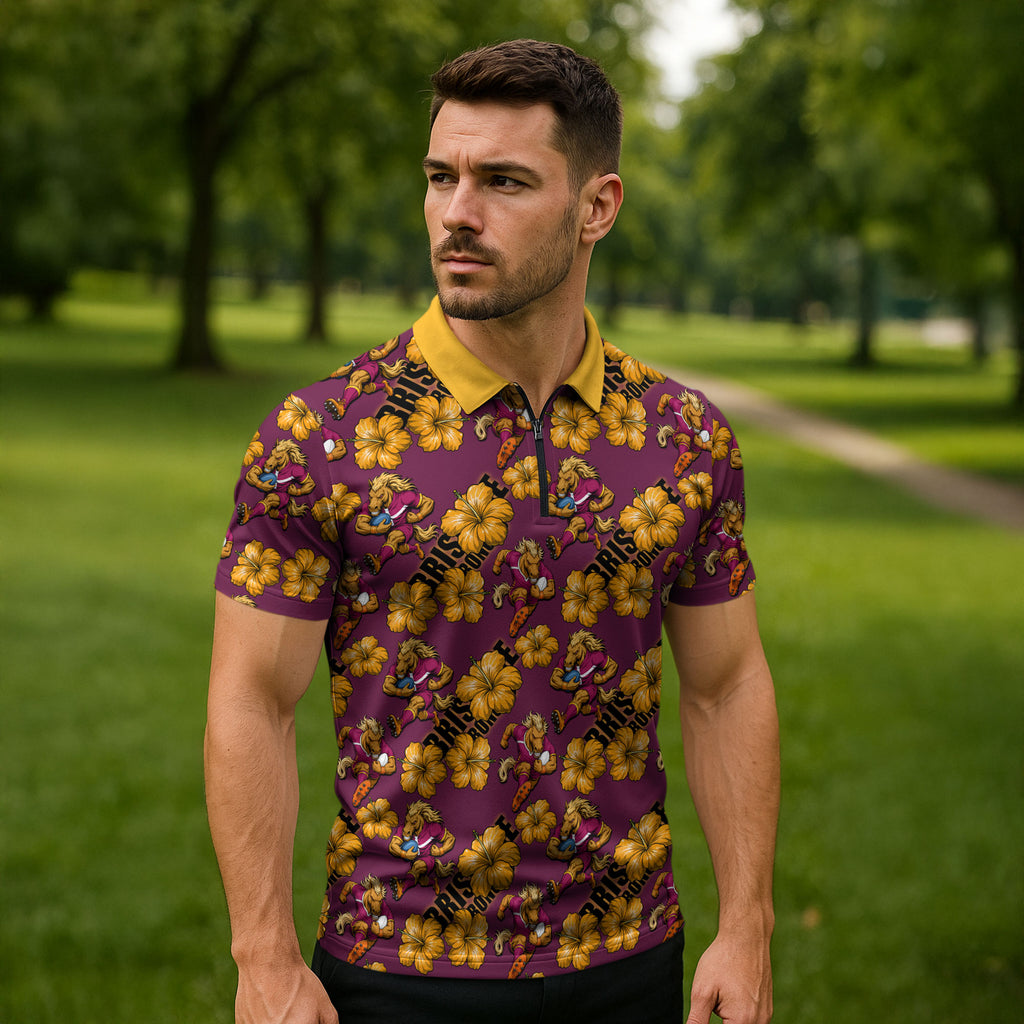 Brisbane Broncos Mascot Zipper Polo Shirt Tropical Hibiscus Floral Seamless Rugby Mascot