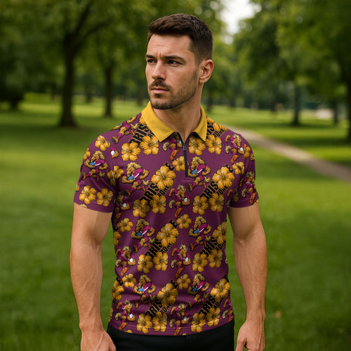 Brisbane Broncos Mascot Zipper Polo Shirt Tropical Hibiscus Floral Seamless Rugby Mascot
