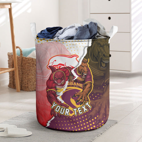 Personalized Brisbane Broncos vs Dolphins Laundry Basket Rivalry Dynamic Sports Rugby Mascot Graphic Art