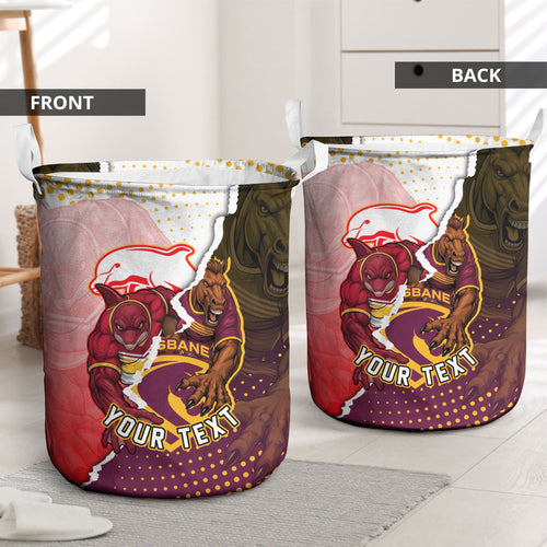 Personalized Brisbane Broncos vs Dolphins Laundry Basket Rivalry Dynamic Sports Rugby Mascot Graphic Art