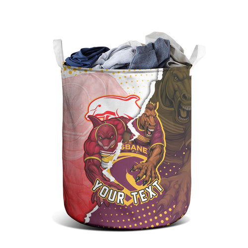 Personalized Brisbane Broncos vs Dolphins Laundry Basket Rivalry Dynamic Sports Rugby Mascot Graphic Art