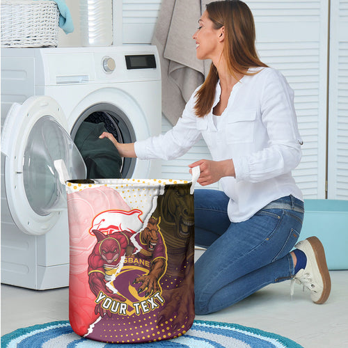 Personalized Brisbane Broncos vs Dolphins Laundry Basket Rivalry Dynamic Sports Rugby Mascot Graphic Art