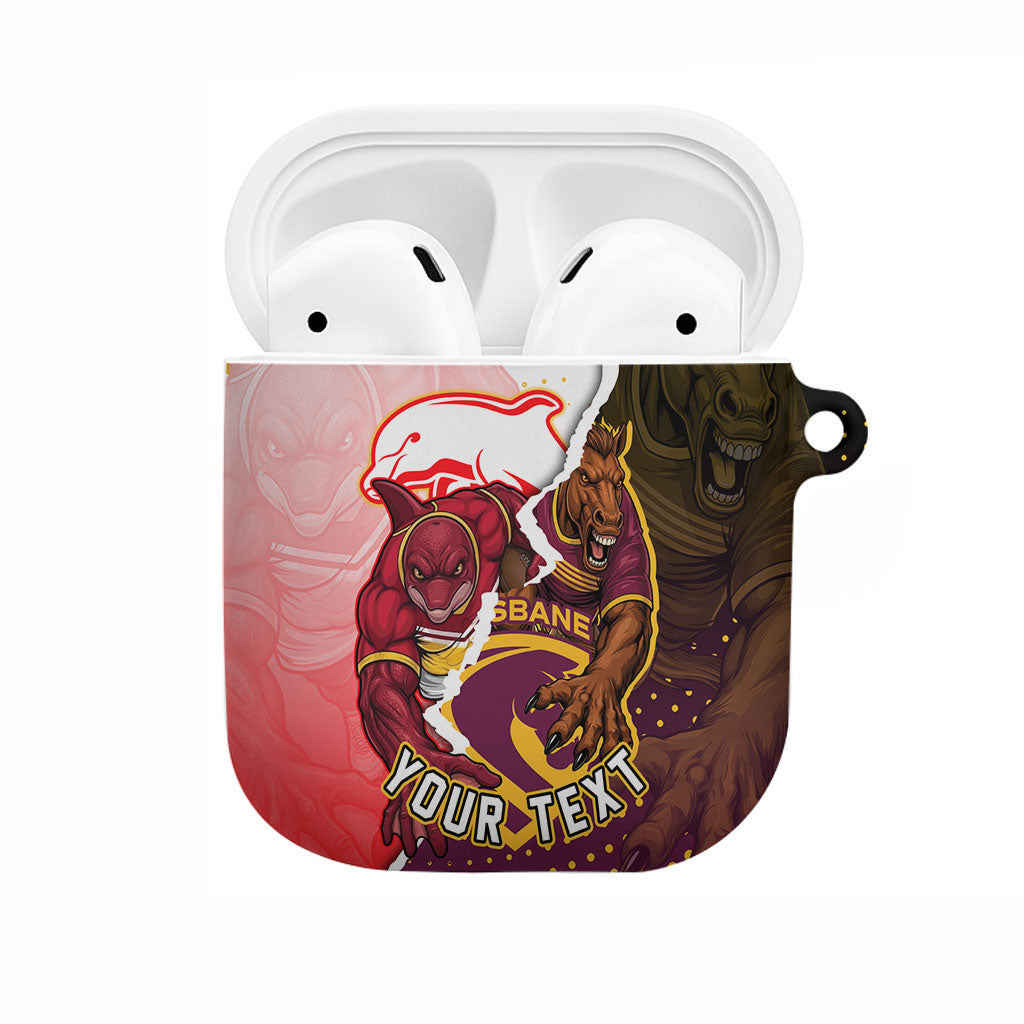 Personalized Brisbane Broncos vs Dolphins AirPods Case Rivalry Dynamic Sports Rugby Mascot Graphic Art