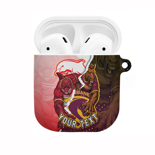 Personalized Brisbane Broncos vs Dolphins AirPods Case Rivalry Dynamic Sports Rugby Mascot Graphic Art