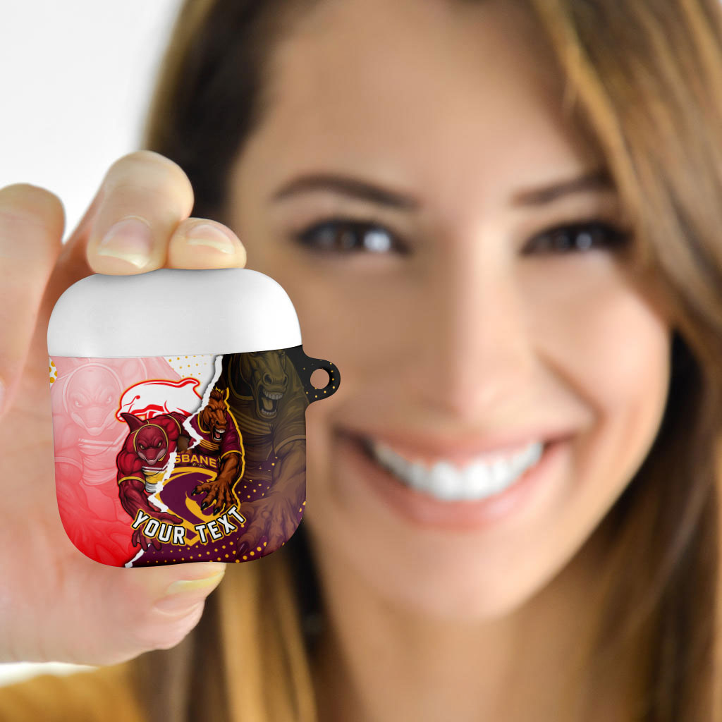 Personalized Brisbane Broncos vs Dolphins AirPods Case Rivalry Dynamic Sports Rugby Mascot Graphic Art