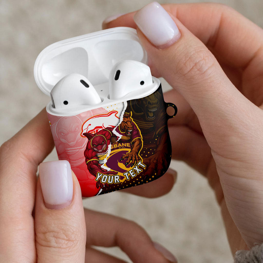 Personalized Brisbane Broncos vs Dolphins AirPods Case Rivalry Dynamic Sports Rugby Mascot Graphic Art