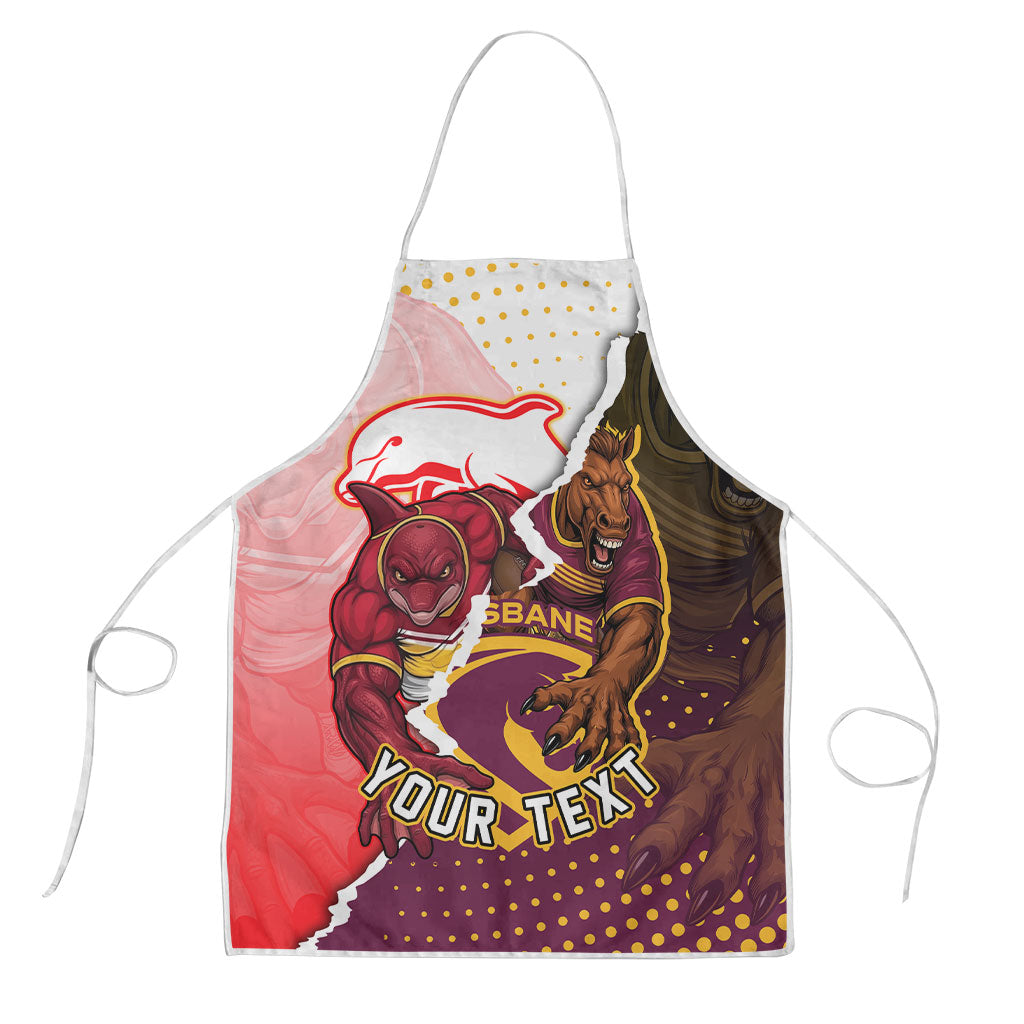 Personalized Brisbane Broncos vs Dolphins Apron Rivalry Dynamic Sports Rugby Mascot Graphic Art