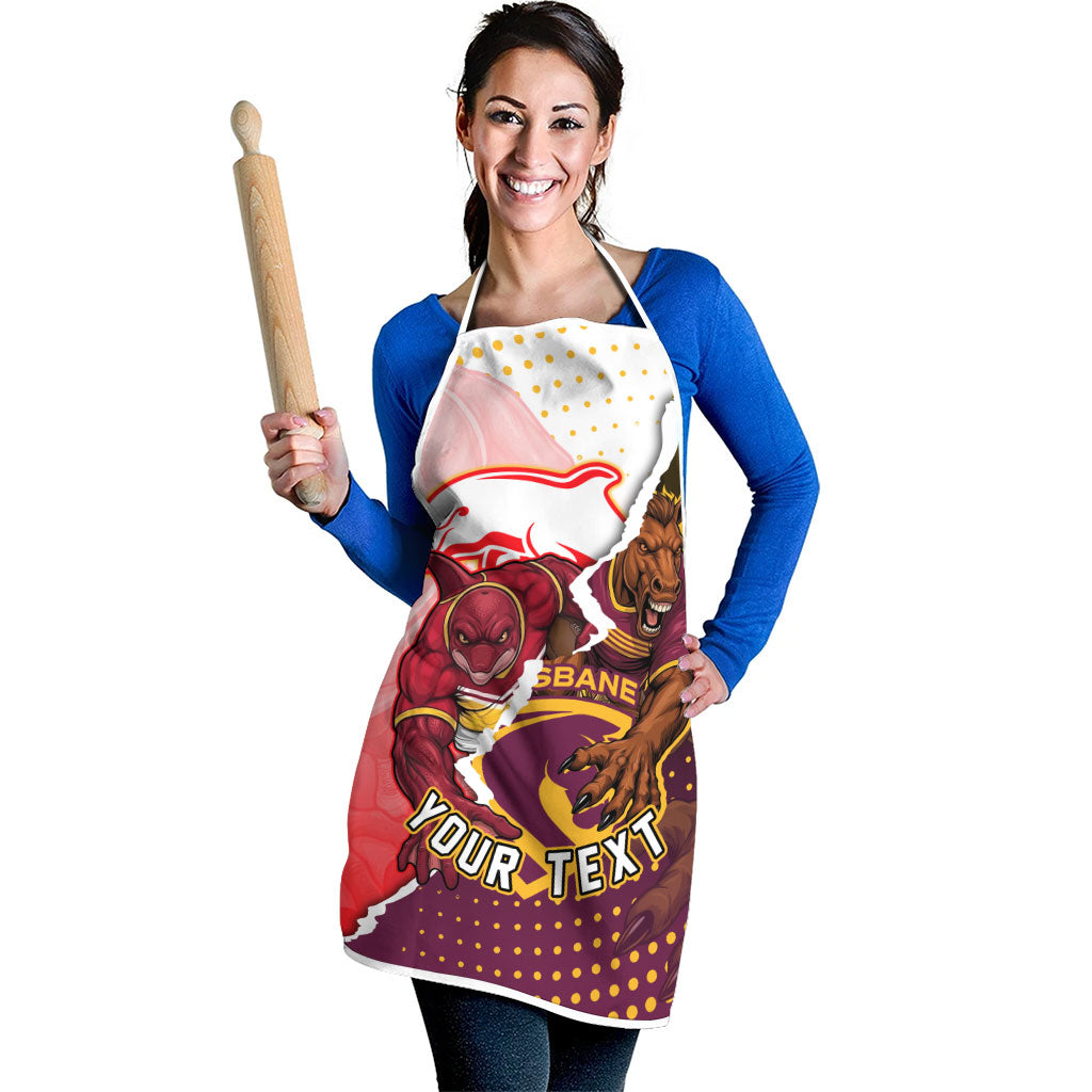 Personalized Brisbane Broncos vs Dolphins Apron Rivalry Dynamic Sports Rugby Mascot Graphic Art