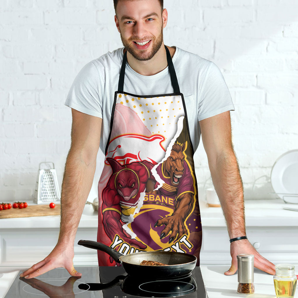 Personalized Brisbane Broncos vs Dolphins Apron Rivalry Dynamic Sports Rugby Mascot Graphic Art