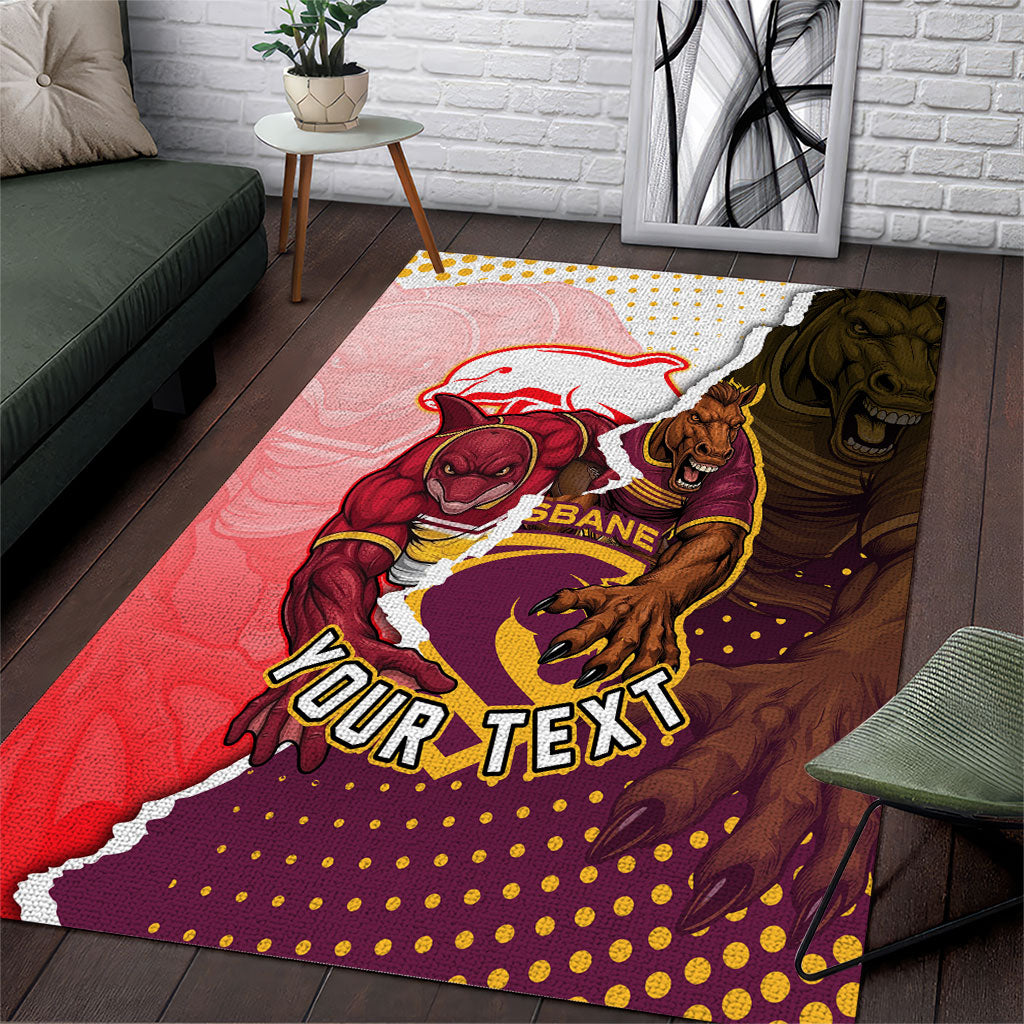 Personalized Brisbane Broncos vs Dolphins Area Rug Rivalry Dynamic Sports Rugby Mascot Graphic Art