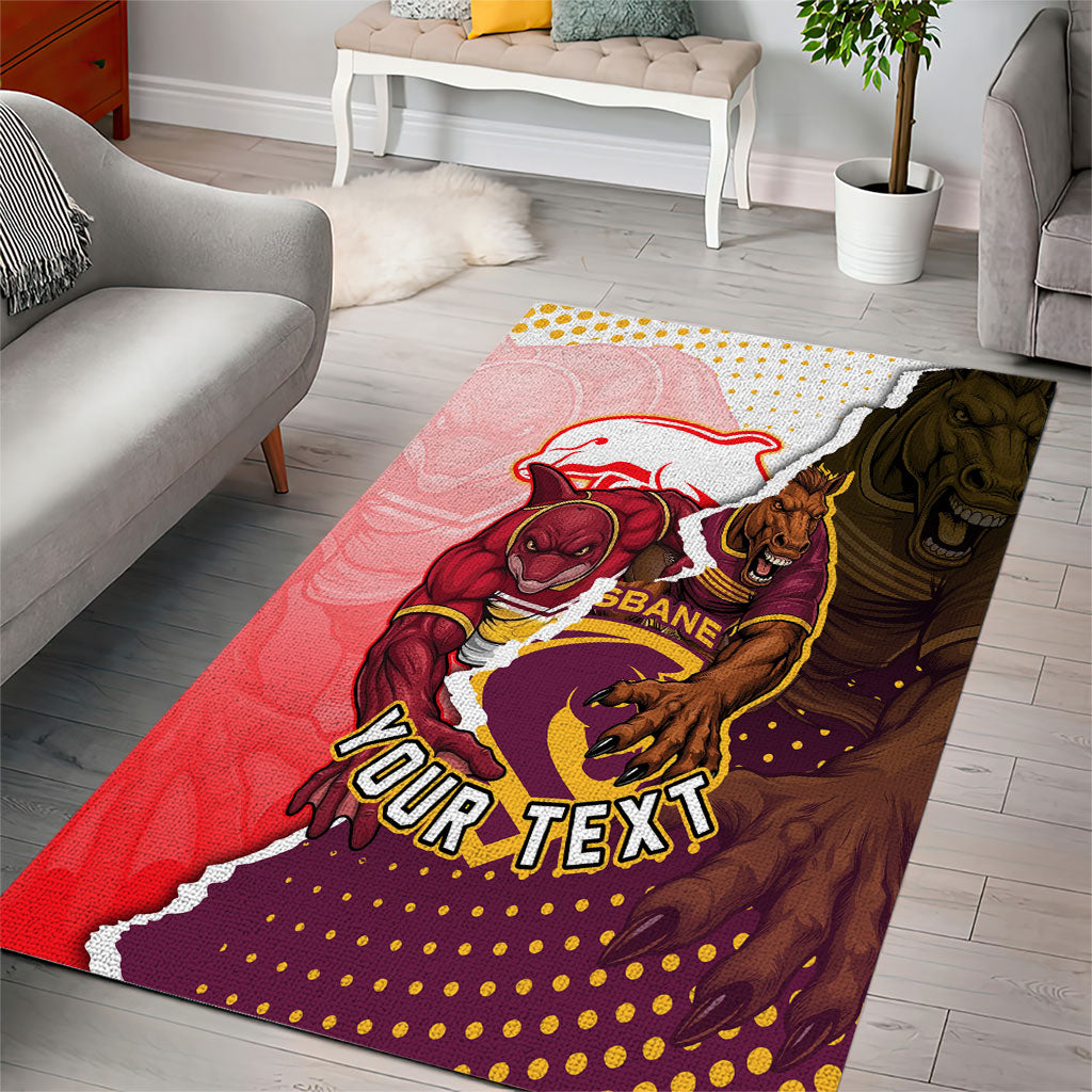 Personalized Brisbane Broncos vs Dolphins Area Rug Rivalry Dynamic Sports Rugby Mascot Graphic Art