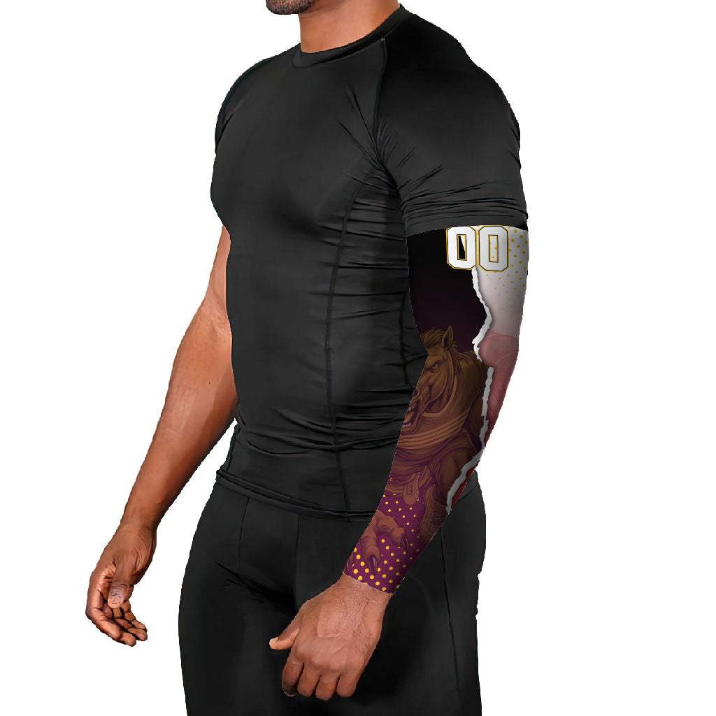 Personalized Brisbane Broncos vs Dolphins Arm Sleeves Rivalry Dynamic Sports Rugby Mascot Graphic Art