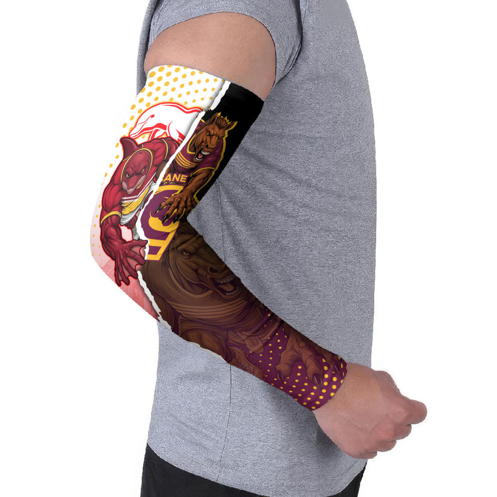 Personalized Brisbane Broncos vs Dolphins Arm Sleeves Rivalry Dynamic Sports Rugby Mascot Graphic Art