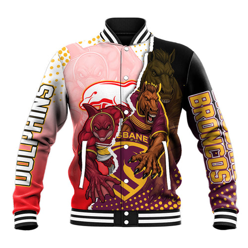 Personalized Brisbane Broncos vs Dolphins Baseball Jacket Rivalry Dynamic Sports Rugby Mascot Graphic Art