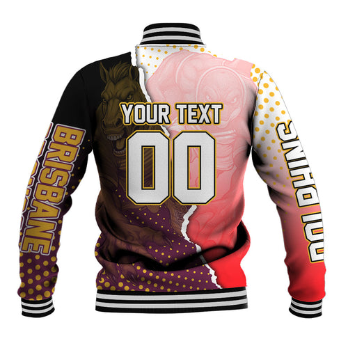 Personalized Brisbane Broncos vs Dolphins Baseball Jacket Rivalry Dynamic Sports Rugby Mascot Graphic Art