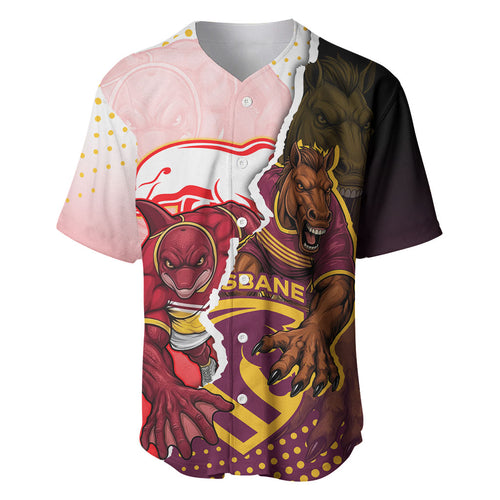 Personalized Brisbane Broncos vs Dolphins Baseball Jersey Rivalry Dynamic Sports Rugby Mascot Graphic Art