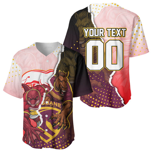 Personalized Brisbane Broncos vs Dolphins Baseball Jersey Rivalry Dynamic Sports Rugby Mascot Graphic Art