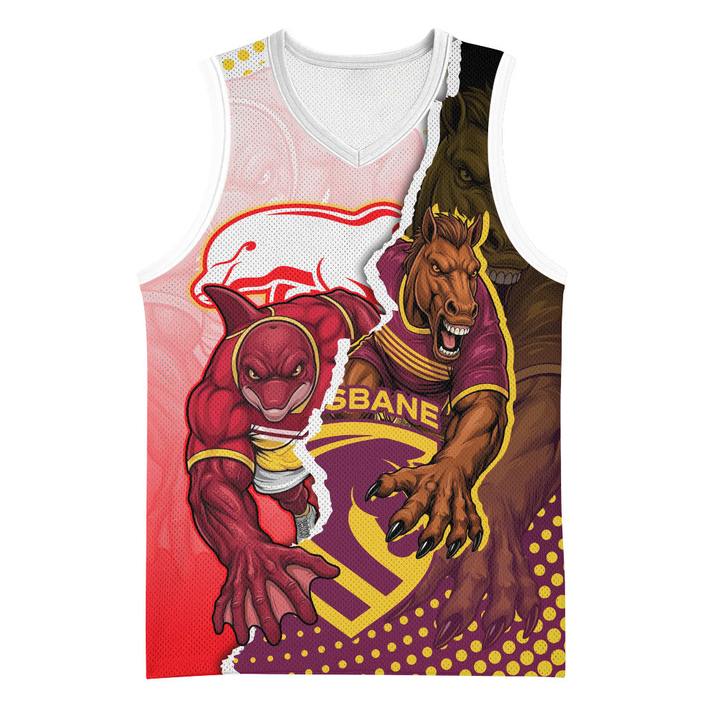 Personalized Brisbane Broncos vs Dolphins Basketball Jersey Rivalry Dynamic Sports Rugby Mascot Graphic Art