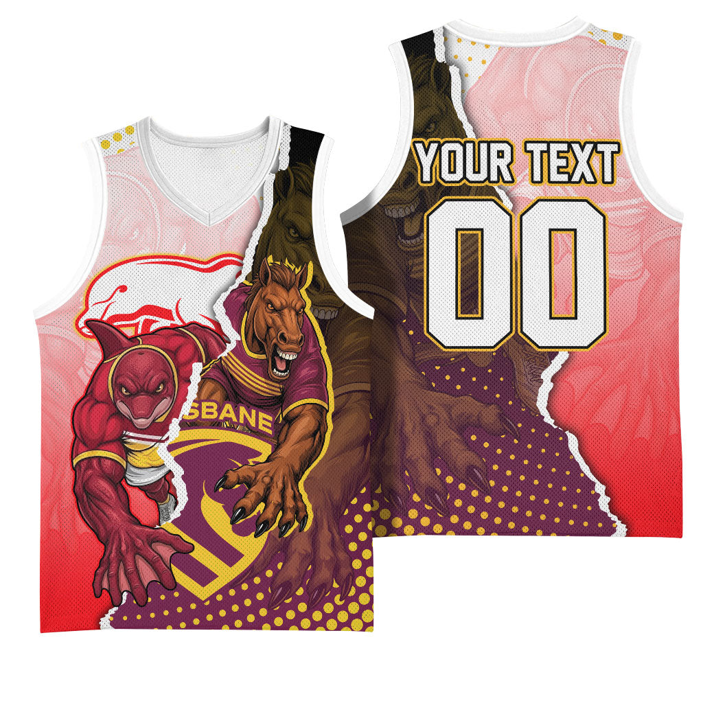Personalized Brisbane Broncos vs Dolphins Basketball Jersey Rivalry Dynamic Sports Rugby Mascot Graphic Art