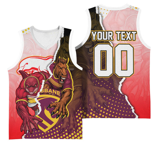 Personalized Brisbane Broncos vs Dolphins Basketball Jersey Rivalry Dynamic Sports Rugby Mascot Graphic Art