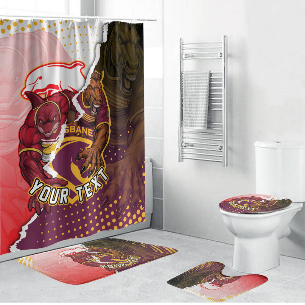 Personalized Brisbane Broncos vs Dolphins Bathroom Set Rivalry Dynamic Sports Rugby Mascot Graphic Art