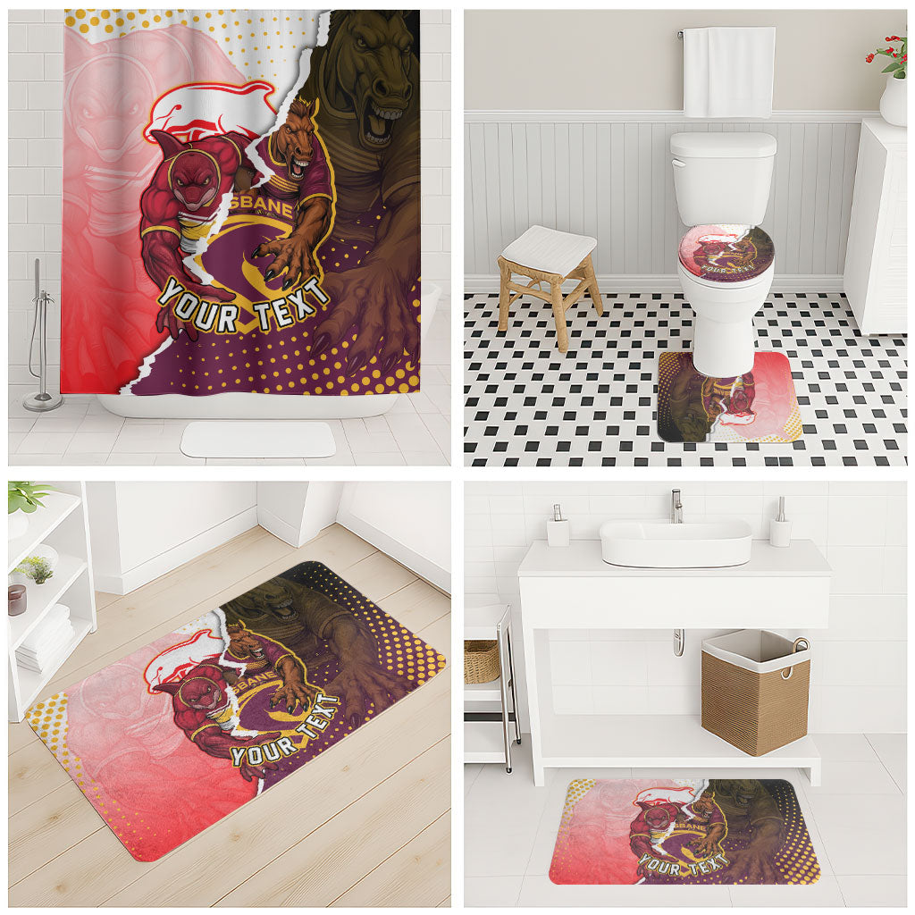 Personalized Brisbane Broncos vs Dolphins Bathroom Set Rivalry Dynamic Sports Rugby Mascot Graphic Art
