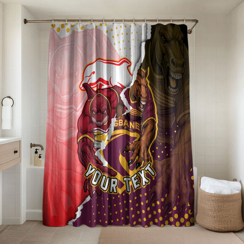 Personalized Brisbane Broncos vs Dolphins Bathroom Set Rivalry Dynamic Sports Rugby Mascot Graphic Art