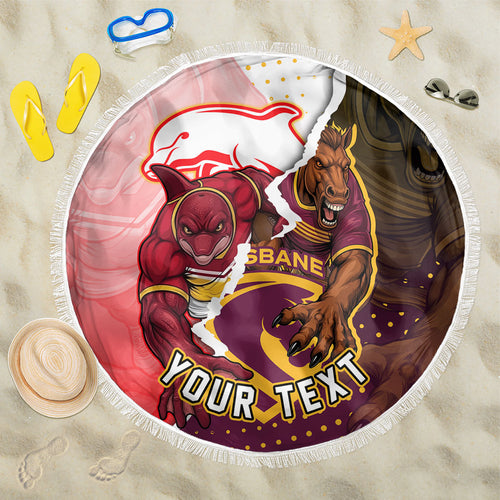 Personalized Brisbane Broncos vs Dolphins Beach Blanket Rivalry Dynamic Sports Rugby Mascot Graphic Art