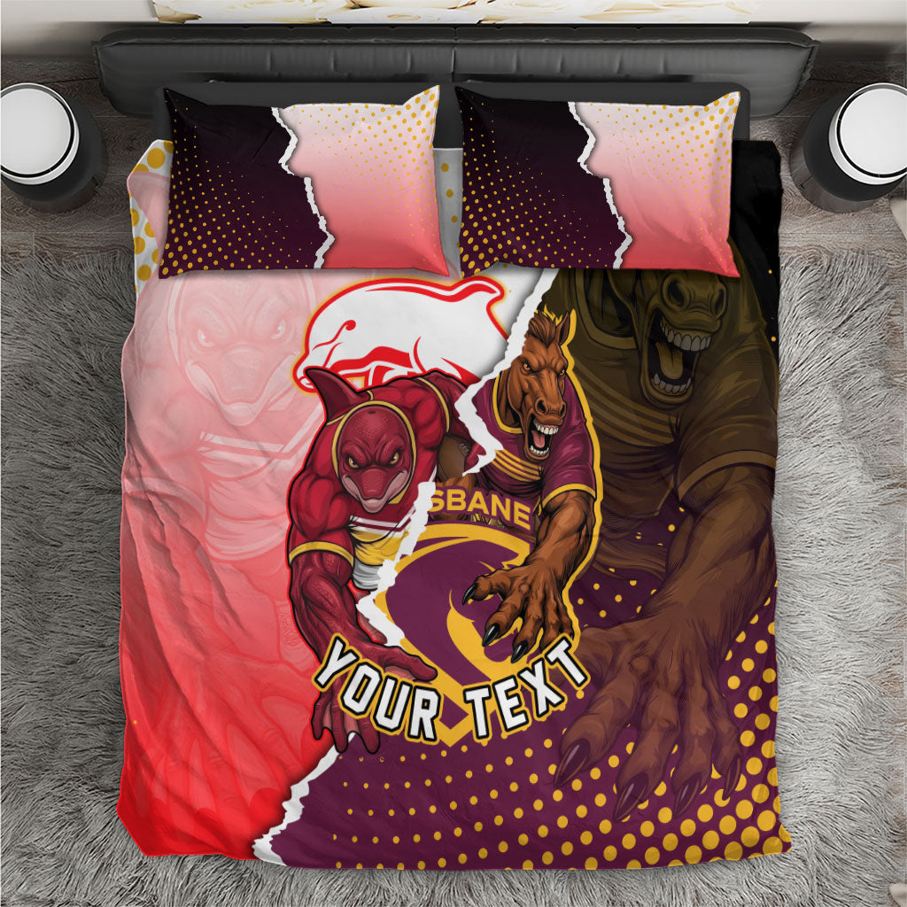 Personalized Brisbane Broncos vs Dolphins Bedding Set Rivalry Dynamic Sports Rugby Mascot Graphic Art