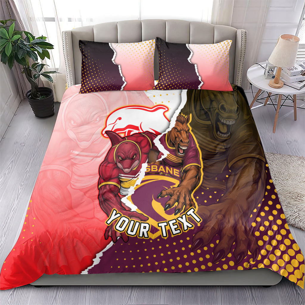Personalized Brisbane Broncos vs Dolphins Bedding Set Rivalry Dynamic Sports Rugby Mascot Graphic Art