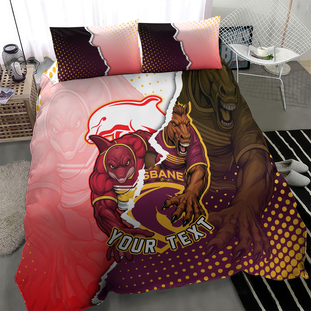 Personalized Brisbane Broncos vs Dolphins Bedding Set Rivalry Dynamic Sports Rugby Mascot Graphic Art