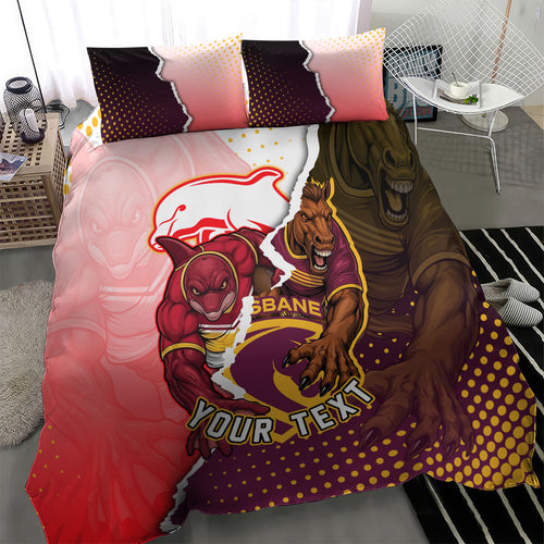 Personalized Brisbane Broncos vs Dolphins Bedding Set Rivalry Dynamic Sports Rugby Mascot Graphic Art