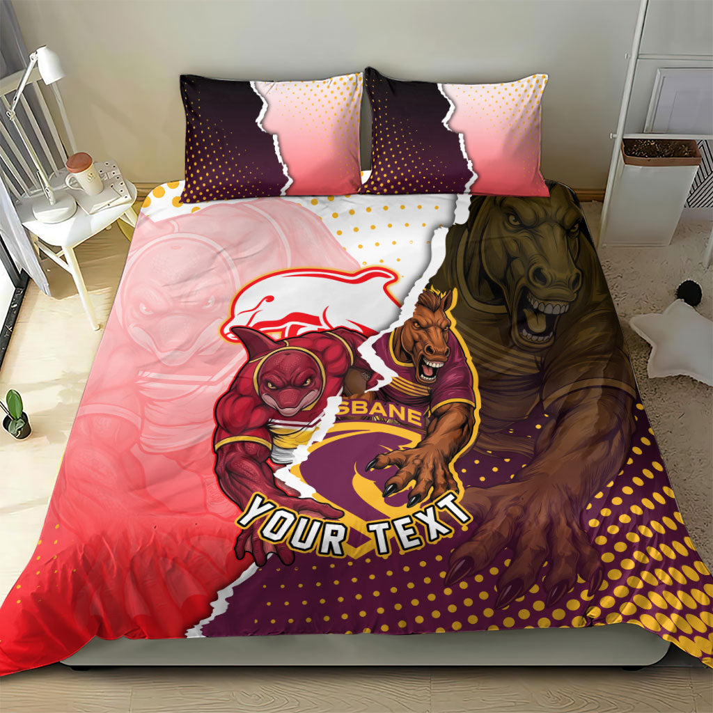 Personalized Brisbane Broncos vs Dolphins Bedding Set Rivalry Dynamic Sports Rugby Mascot Graphic Art