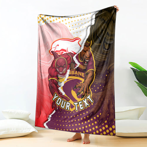 Personalized Brisbane Broncos vs Dolphins Blanket Rivalry Dynamic Sports Rugby Mascot Graphic Art