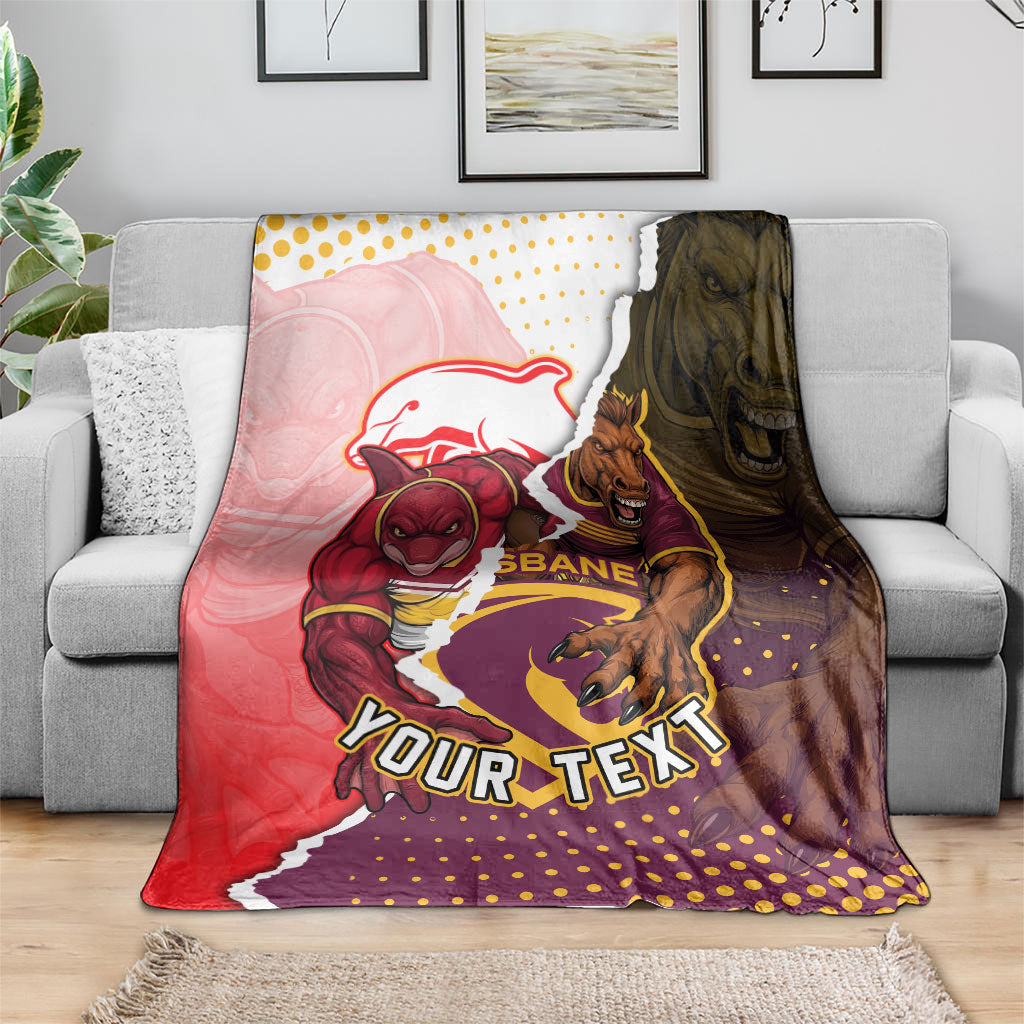 Personalized Brisbane Broncos vs Dolphins Blanket Rivalry Dynamic Sports Rugby Mascot Graphic Art