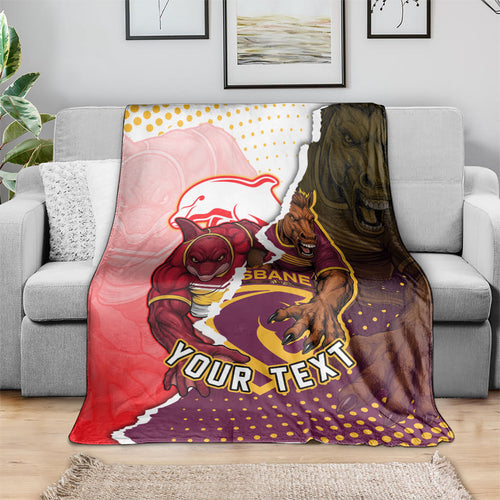 Personalized Brisbane Broncos vs Dolphins Blanket Rivalry Dynamic Sports Rugby Mascot Graphic Art