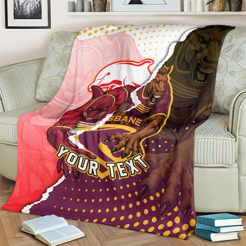 Personalized Brisbane Broncos vs Dolphins Blanket Rivalry Dynamic Sports Rugby Mascot Graphic Art