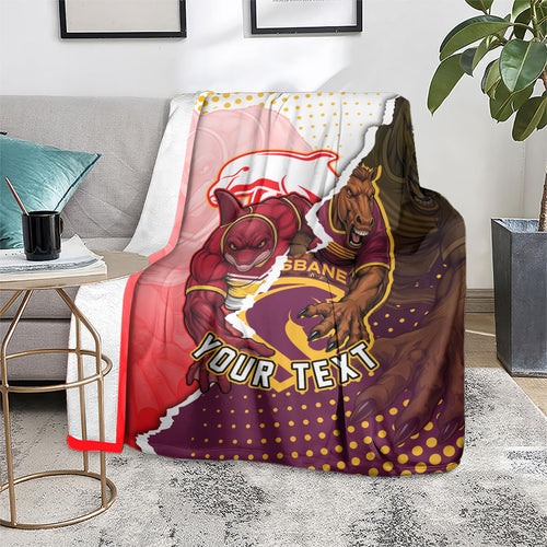 Personalized Brisbane Broncos vs Dolphins Blanket Rivalry Dynamic Sports Rugby Mascot Graphic Art
