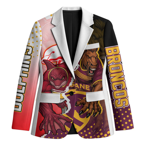 Personalized Brisbane Broncos vs Dolphins Blazer Rivalry Dynamic Sports Rugby Mascot Graphic Art