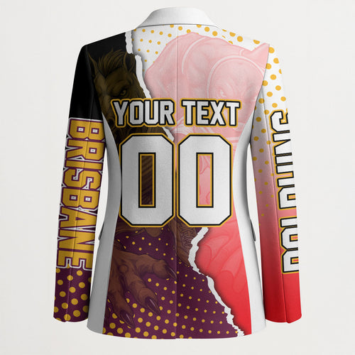 Personalized Brisbane Broncos vs Dolphins Blazer Rivalry Dynamic Sports Rugby Mascot Graphic Art